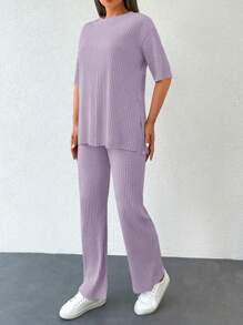 EURMUSE Drop Shoulder Split Hem Tee & Pants - Mauve Purple - View 4