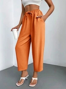 EURMUSE Solid Drawstring Waist Carrot Trousers - Orange - View 4