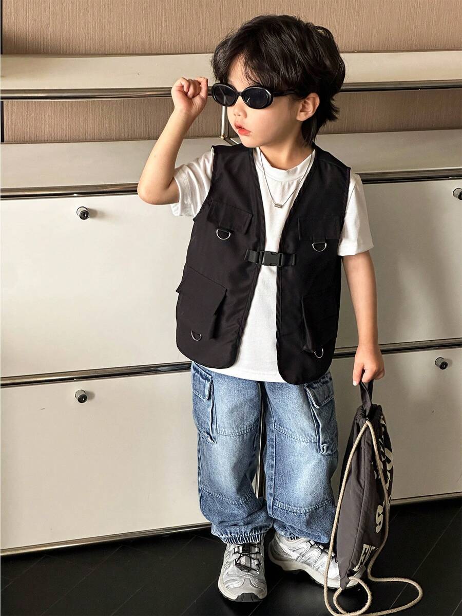 SHEIN Genkimix Kids 3入組男童休閒街頭風格背心、口袋帶扣牛仔褲及純色圓領T恤，適用於春夏季節，日常穿著、學校和戶外活動以及時髦打扮 - 彩色 - 查看 1