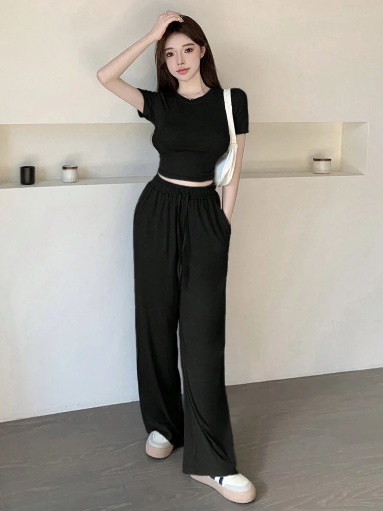 Women's Fashionable Simple Daily Short Sleeve Top And Long Pants 2pcs/Set Outfits Summer Lounge Sets For Women
