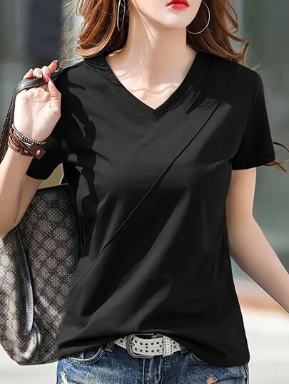 INAWLY Women's Summer Solid Color V-Neck Short Sleeve Casual T-Shirt