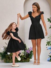 SHEIN Privé Wedding Dress Double Layer Ruffle Sleeve Ladies' Dress - Black - View 1