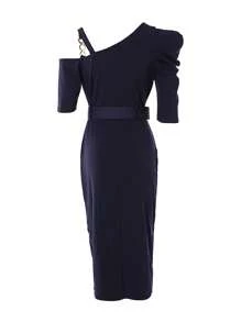 ChicMe Chain Strap Cold Shoulder Belted Slim Fit Slit Midi Dress For Party Event Dress - Navy Blue - View 5