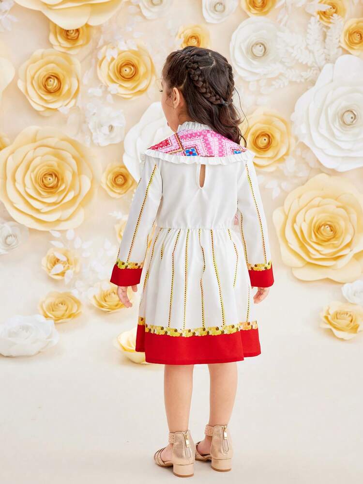 Young Girl Casual Printed Long Sleeve Dress With Shawl 2pcs/Set, Spring/Summer