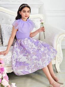 SHEIN Conjunto de 2 piezas de niña preadolescente que incluye blusa sin mangas con cuello alto y falda con dobladillo de volantes - Morado - Ver 2