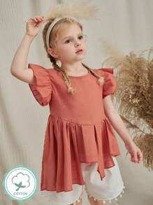 SHEIN 年轻女孩乡村风格不对称下摆亚麻舒适短袖 T 恤，圆领和荷叶边袖，非常适合夏季野餐和郊游