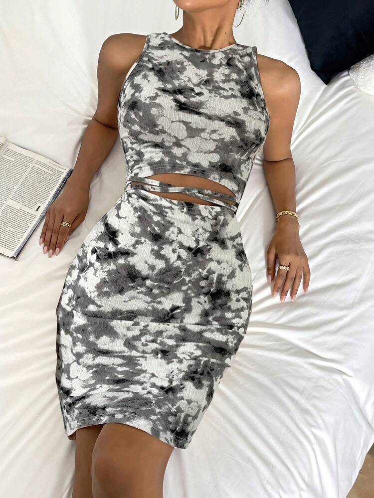 Women's Summer Casual Tie-Dye Printed Hollow Out Bodycon Mini Dress With Straps For Vacation