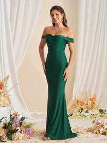 SHEIN Belle Elegante vestido de dama de honor sirena con cintura alta, de manga larga con hombros descubiertos y sin tirantes