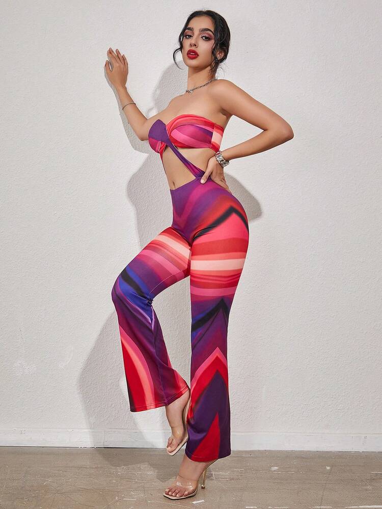 Summer Women's Sexy Color Block Striped Hollow Out Strapless Jumpsuit