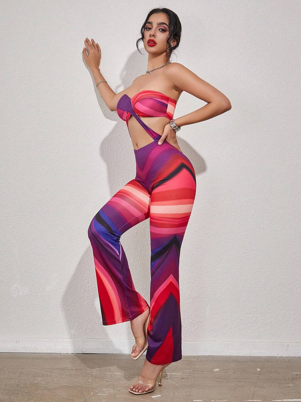 Summer Women's Sexy Color Block Striped Hollow Out Strapless Jumpsuit