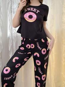 Conjunto de pijama de manga corta y pantalón largo con estampado de rosquilla de dibujos animados para primavera/verano