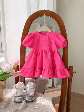 SHEIN LMoss Kids LMoss Baby Girl Cute And Simple Baby Girl Summer Casual Loose Bubble Short-Sleeved Dress With Textured Fabric
