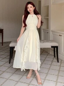 DAZY Vestido de verano de línea A con cuello halter y volantes de unicolor, ideal para cumpleaños, Año Nuevo y bailes de graduación