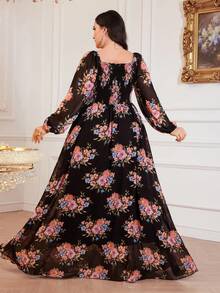 Plus Size Floral Print Lantern Sleeve Dress, Suitable For Vacation - Black - View 3