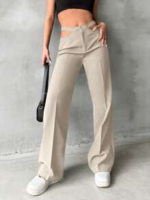 EURMUSE Ladies" High Waist Hollow Out Design Straight-Leg Trousers - Beige - View 3