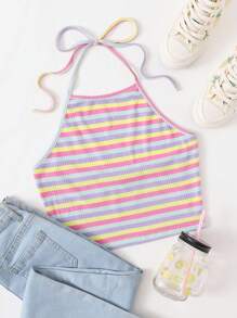 SHEIN EZwear 夏日外出綁帶鏈針織彩虹條紋領口背心