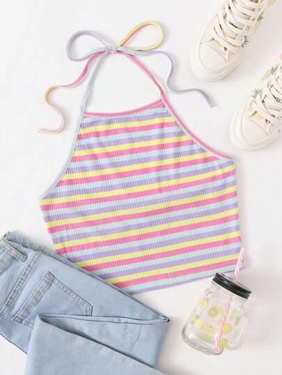 Summer Going Out Tie Back Rib-Knit Rainbow Striped Halter Top