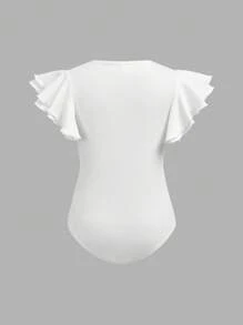SHEIN Girlism 少女针织纯色荷叶袖休闲连体衣 - 白色 - 查看 2