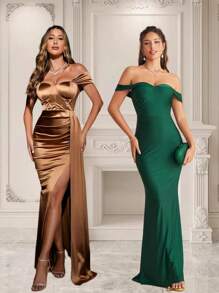 SHEIN Belle Elegante vestido de dama de honor sirena con cintura alta, de manga larga con hombros descubiertos y sin tirantes