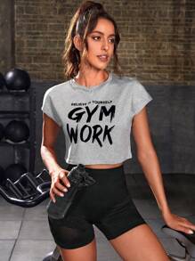 Yoga Trendy 女式标语图案短款运动T恤健身衫 - 淺灰色 - 查看 6