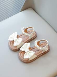 夏季新品：女童蝴蝶結珍珠扁平涼鞋，防滑柔軟底部公主風格兒童鞋 - 米色 - 查看 3