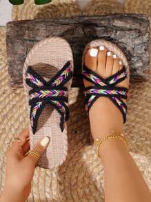 Bohemian Style Women's Slipper Sandals, Summer, Comfortable, Casual, Round Toe, Open Toe, Black, Flat Cushion, Woven Ribbon Strap - Multicolor - View 1