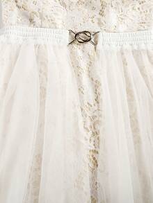 Lace Spaghetti Strap V-Neck Tulle Wedding Dress With Detachable Train And High Waist Long Dress For Bride - Apricot - View 8
