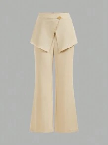 SHEIN Privé 女式純色直筒休閒日常通勤長褲，帶前面板保護 - 黑色 - 查看 1