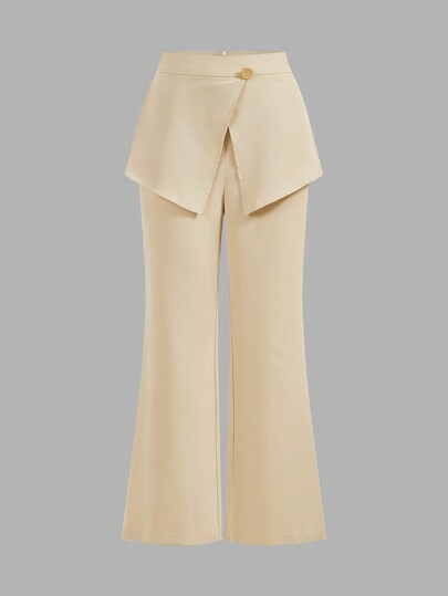 SHEIN Privé Women's Solid Color Straight Leg Casual Daily Commute Trousers With Front Panel Cover