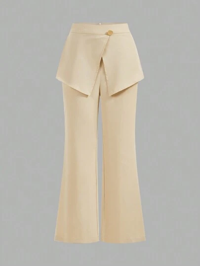 SHEIN Privé Women's Solid Color Straight Leg Casual Daily Commute Trousers With Front Panel Cover