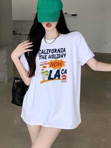 Loose Fit Longline Korean Style  T-Shirt - White - View 3