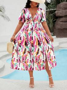 SHEIN Clasi 大尺碼女士綁染印花束腰開叉連衣裙 - 彩色 - 查看 4