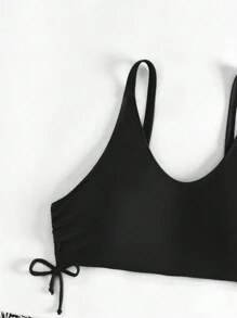 SHEIN Swim Ladies Solid Color Drawstring Holiday Bra Top And Leaf Printed Bikini Bottom Set Summer - Black and White - View 4