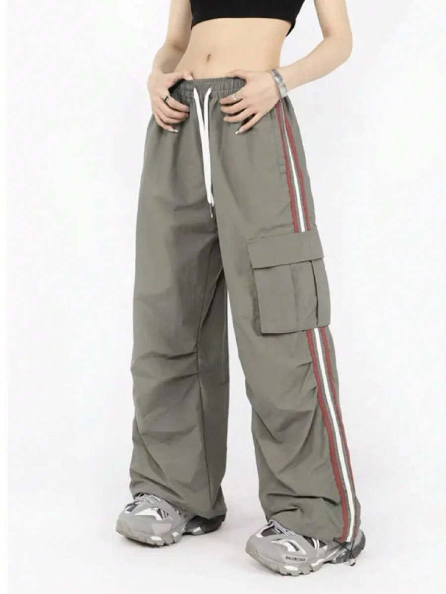 SHEIN Coolane Y2K Cargo Pants Women Fashion Wide Leg Casual Pants Loose Striped Sports Sweatpants Drawstring Parachute Pantsh Trousers - Green - View 1