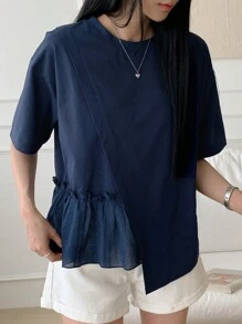 DAZY Camiseta casual de verano para mujer con mangas cortas estampadas y dobladillo de malla en unicolor - Azul Marino - Ver 7