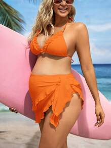 SHEIN Maternity Solid Frill Trimmed Halter Neck Back Tie Top And Bikini Bottom With Cover Up Skirt Set, Summer Beach Bathing Suit - Coral Orange - View 5