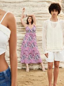 Forever 21 Plus Size Summer Ladies' Fashionable Paisley & Flower Patterned Halterneck Dress For Summer Music Festival - Pink - View 5