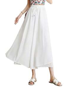 SHEIN Essnce Pantalones de palazzo plisados de cintura alta de gasa para mujer con aberturas laterales, adecuados para el palacio - Blanco - Ver 8