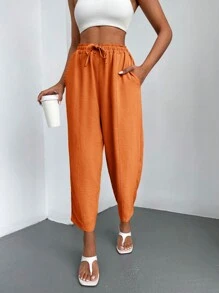 EURMUSE Solid Drawstring Waist Carrot Trousers - Orange - View 3