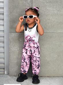 SHEIN Explorewe Sommer Neue Straßenmode Baby Mädchen gespleißt geripptes Tank Top ohne Ärmel mit Off-Shoulder Design, digitalem Muster und gewebter rosa Lässsig hose, 2-teiliges Outfit - Pink - Übersicht 5