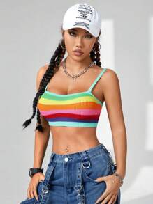 SHEIN EZwear 彩虹針織吊帶上衣，女士街頭穿搭春夏必備 - 彩色 - 查看 4