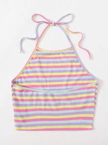 SHEIN EZwear 夏日外出綁帶鏈針織彩虹條紋領口背心