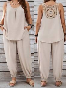 EMERY ROSE Plus Size Nữ Cổ Sau BadgeVacation Casual Kaki Áo Không Tay & Còng Túi Quần Dài Bộ Vải Lanh - Nhiều màu - Xem 1