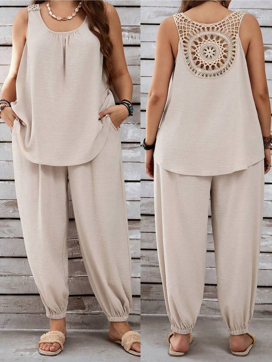 EMERY ROSE Plus Size Nữ Cổ Sau BadgeVacation Casual Kaki Áo Không Tay & Còng Túi Quần Dài Bộ Vải Lanh - Nhiều màu - Xem 1