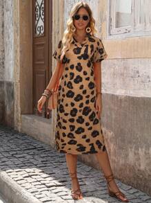 SHEIN LUNE Women's Summer Leopard Print Short Puff Sleeve Casual Long Dress