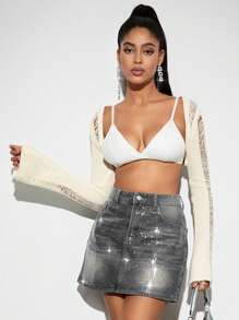 SHEIN BAE 純色中空超短款前開式針織外套 - 白色 - 查看 1