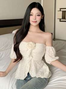 DAZY Women Summer Solid Color Elegant Off-Shoulder Short Sleeve T-Shirt With 3D Floral Decor,Ruffle,Babydoll Top - White - View 10