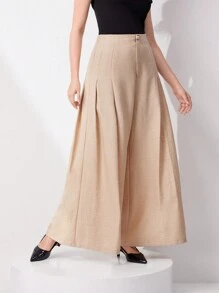 Seusyu Women's Solid Color High Waisted Pleated Wide Leg Daily Commuting Suit Pants - Khaki - View 6