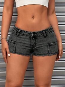 SHEIN ICON 女式水洗磨損細身牛仔短褲 - 深灰色 - 查看 5