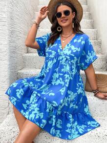 Breezaya Plus Size Boho Bloemenprint Vleermuismouwen Vakantie Casual Jurk, Voor De Zomer